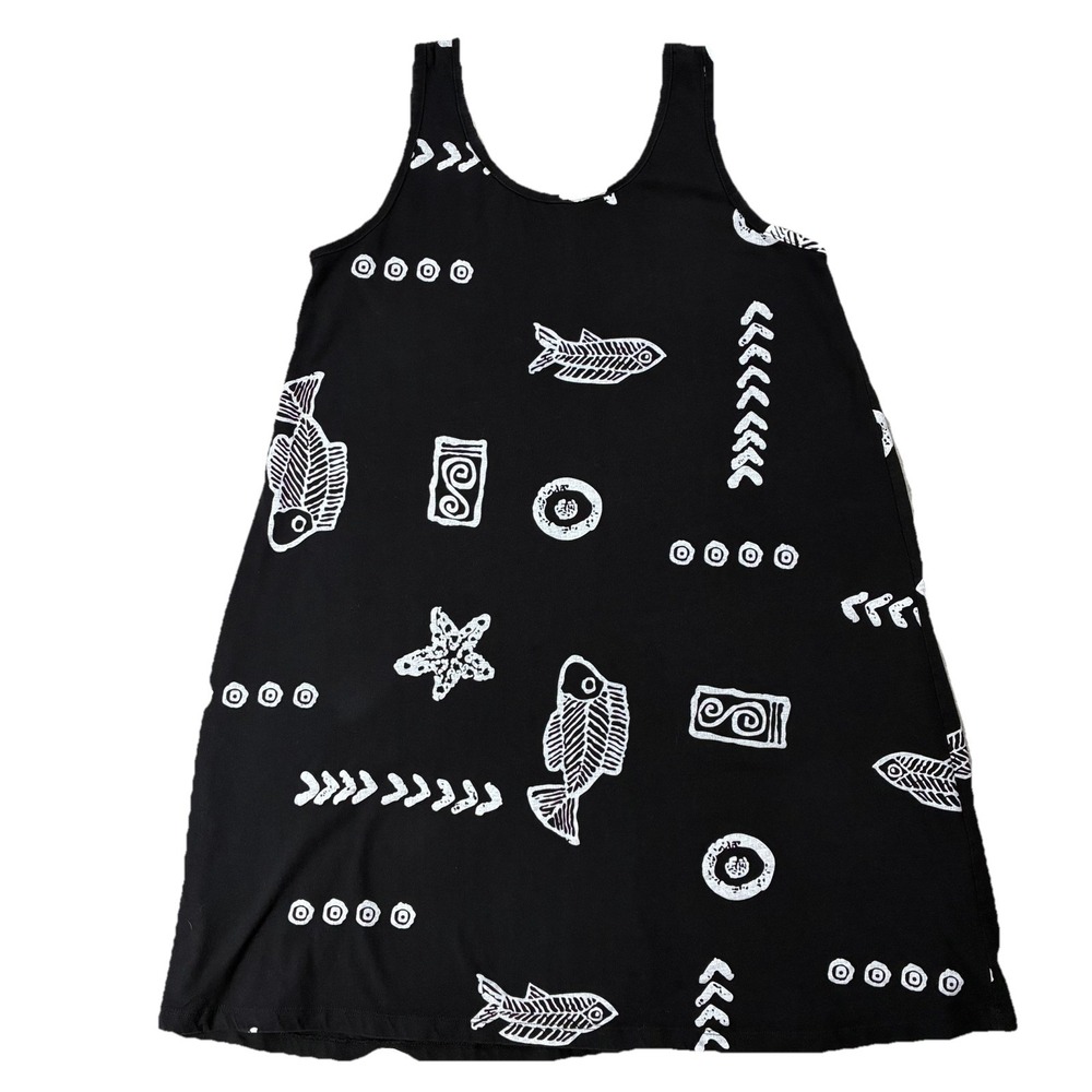 Baba Hawaii 100% Cotton Fish Print Tank Dress Black Womens S Art-to-Wear Coastal